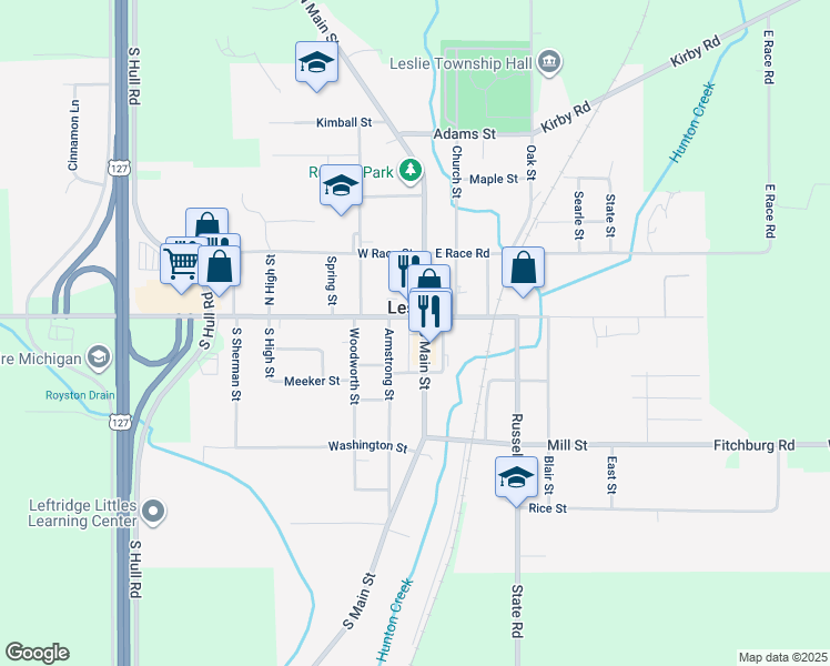 map of restaurants, bars, coffee shops, grocery stores, and more near 154 South Main Street in Leslie