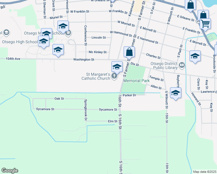 map of restaurants, bars, coffee shops, grocery stores, and more near 394 South 16th Street in Otsego
