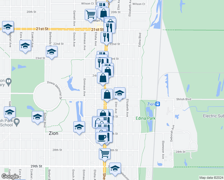 map of restaurants, bars, coffee shops, grocery stores, and more near 1131 Shiloh Boulevard in Zion