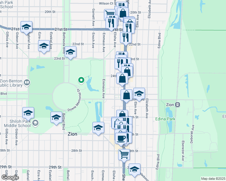 map of restaurants, bars, coffee shops, grocery stores, and more near 1300 Shiloh Boulevard in Zion