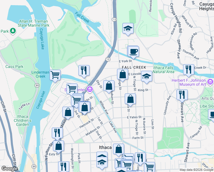 map of restaurants, bars, coffee shops, grocery stores, and more near 211 Dey Street in Ithaca