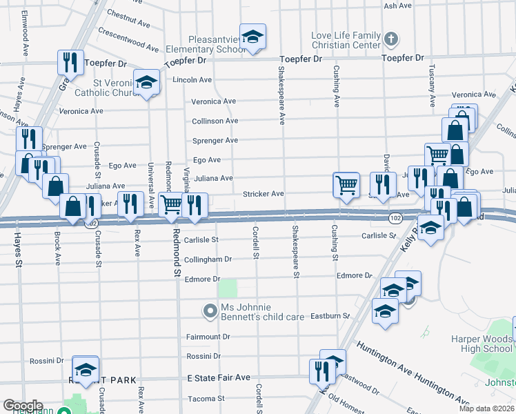 map of restaurants, bars, coffee shops, grocery stores, and more near 16310 East 8 Mile Road in Detroit