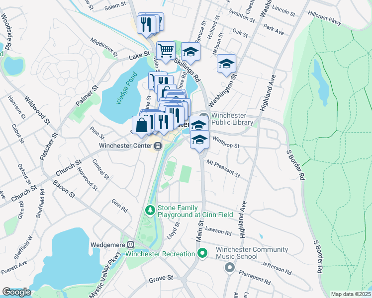 map of restaurants, bars, coffee shops, grocery stores, and more near 478 Main Street in Winchester