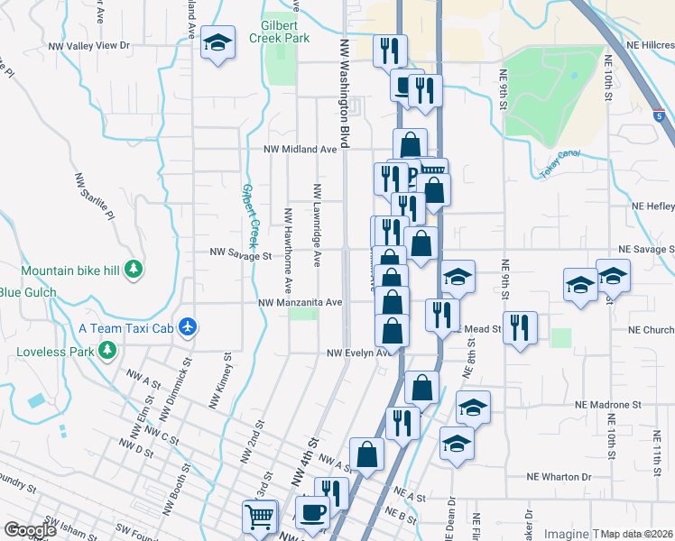 map of restaurants, bars, coffee shops, grocery stores, and more near 1206 Northwest Washington Boulevard in Grants Pass
