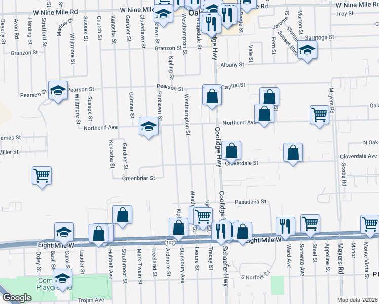 map of restaurants, bars, coffee shops, grocery stores, and more near 21301 Westhampton Street in Oak Park