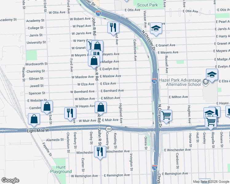 map of restaurants, bars, coffee shops, grocery stores, and more near 416 East Bernhard Avenue in Hazel Park