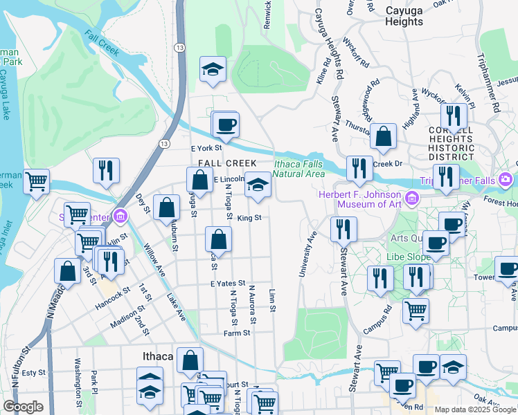 map of restaurants, bars, coffee shops, grocery stores, and more near 202 King Street in Ithaca