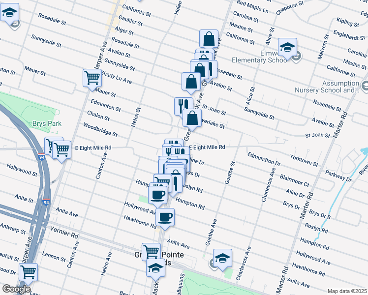 map of restaurants, bars, coffee shops, grocery stores, and more near 36626 Mack Avenue in Grosse Pointe Woods