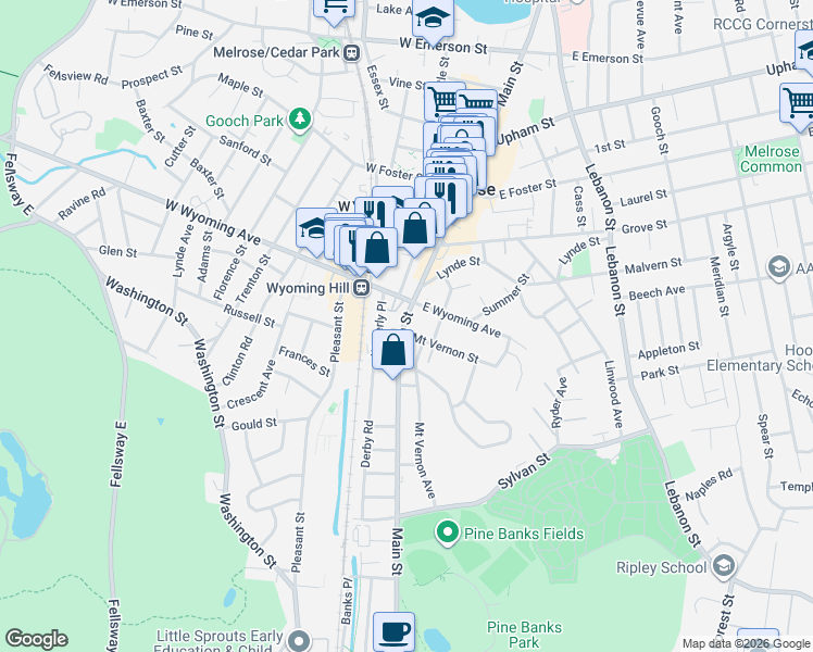 map of restaurants, bars, coffee shops, grocery stores, and more near 2 Mount Vernon Street in Melrose