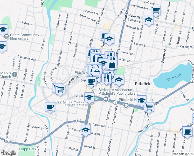 map of restaurants, bars, coffee shops, grocery stores, and more near in Pittsfield