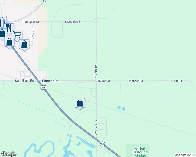 map of restaurants, bars, coffee shops, grocery stores, and more near 49402 871st Road in O'Neill
