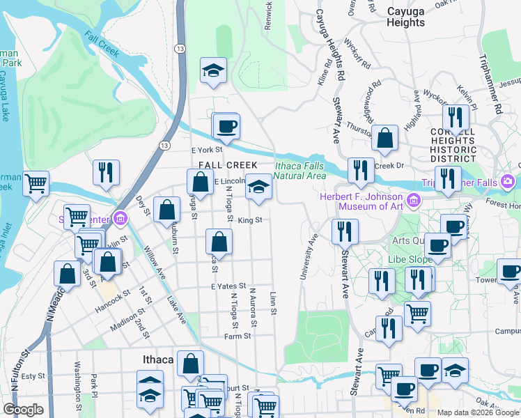 map of restaurants, bars, coffee shops, grocery stores, and more near 212 King Street in Ithaca