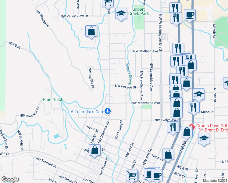 map of restaurants, bars, coffee shops, grocery stores, and more near 717-725 NW Savage St in Grants Pass
