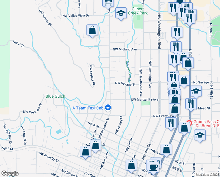 map of restaurants, bars, coffee shops, grocery stores, and more near 907 Northwest Hewitt Lane in Grants Pass