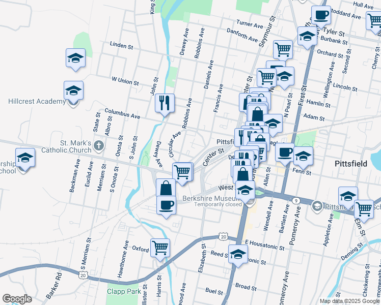 map of restaurants, bars, coffee shops, grocery stores, and more near 16 Jubilee Terrace in Pittsfield
