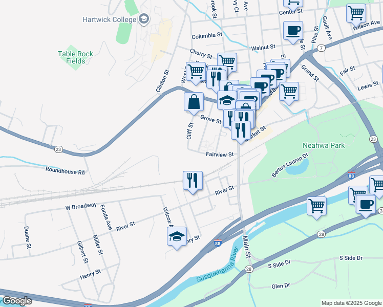 map of restaurants, bars, coffee shops, grocery stores, and more near 7 Watkins Avenue in Oneonta