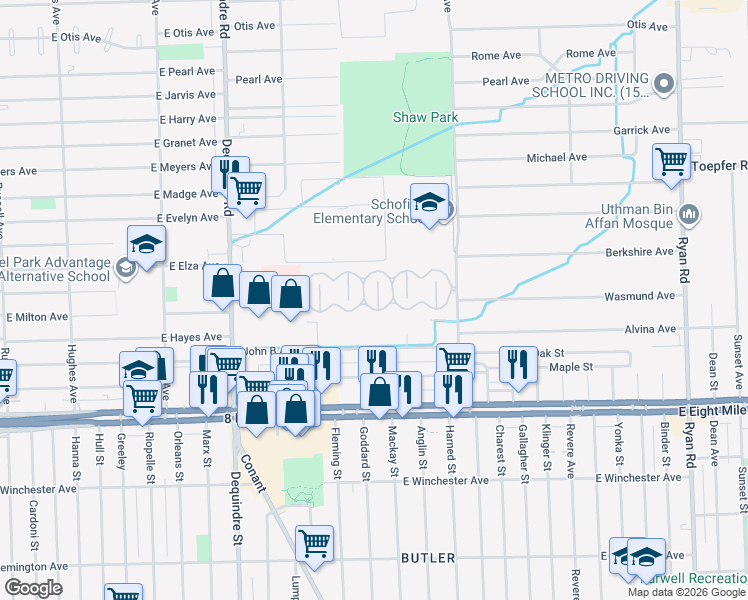 map of restaurants, bars, coffee shops, grocery stores, and more near 109 South Lafayette Boulevard in Warren