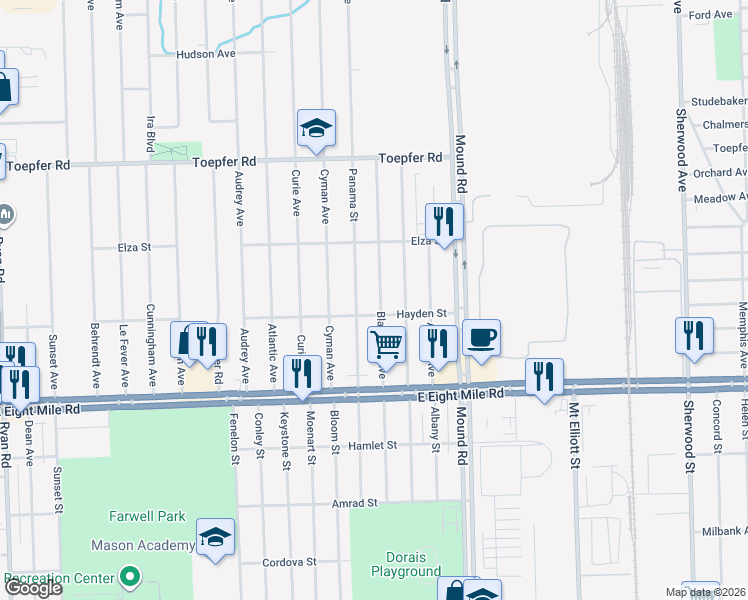 map of restaurants, bars, coffee shops, grocery stores, and more near 21100 Blackmar Avenue in Warren
