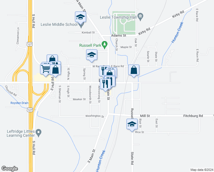 map of restaurants, bars, coffee shops, grocery stores, and more near 114 South Main Street in Leslie