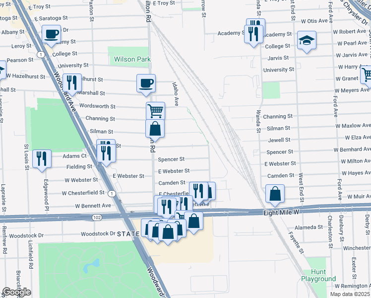 map of restaurants, bars, coffee shops, grocery stores, and more near 684 Jewell Street in Ferndale