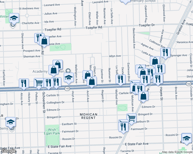 map of restaurants, bars, coffee shops, grocery stores, and more near 20818 Ehlert Avenue in Warren