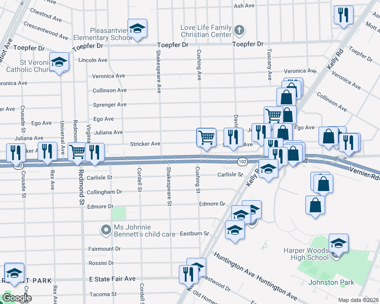 map of restaurants, bars, coffee shops, grocery stores, and more near 16821 Stricker Avenue in Eastpointe