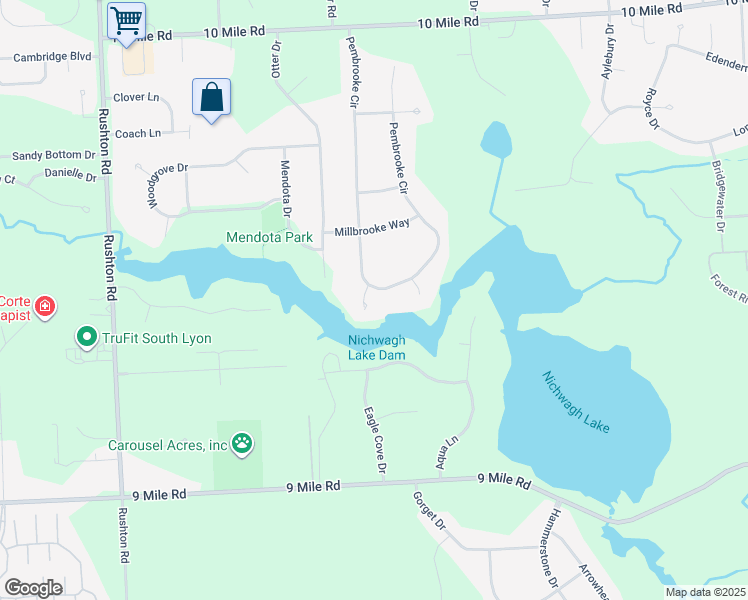 map of restaurants, bars, coffee shops, grocery stores, and more near 12035 Pembrooke Circle in South Lyon