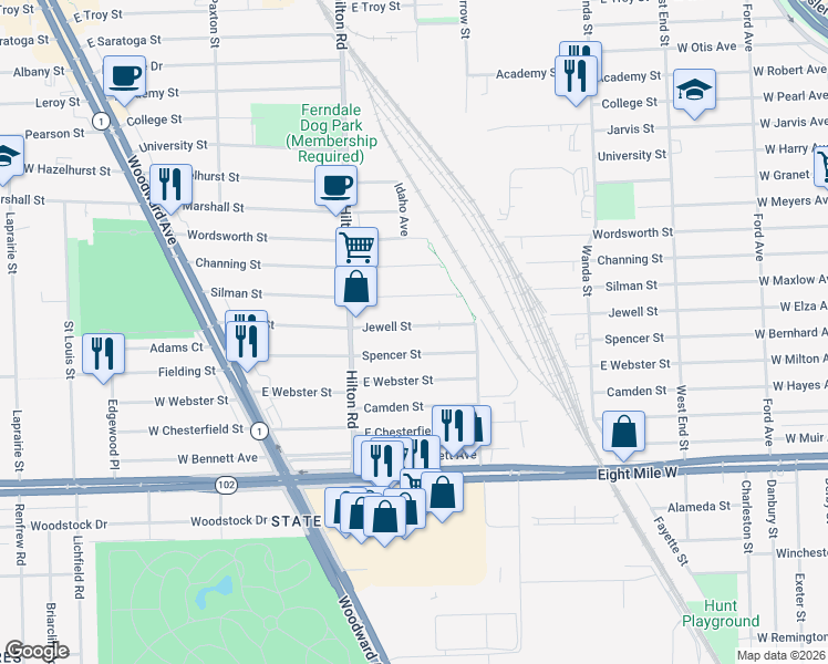 map of restaurants, bars, coffee shops, grocery stores, and more near 800 Silman Street in Ferndale