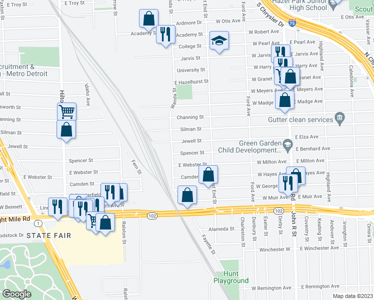 map of restaurants, bars, coffee shops, grocery stores, and more near 1421 Spencer Street in Ferndale