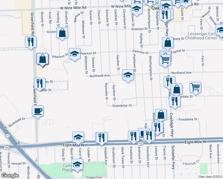 map of restaurants, bars, coffee shops, grocery stores, and more near 21151 Gardner Street in Oak Park