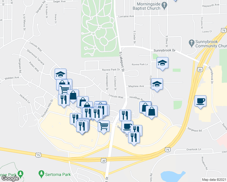 map of restaurants, bars, coffee shops, grocery stores, and more near 3311 South Clinton Street in Sioux City