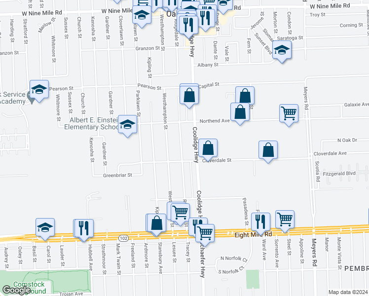 map of restaurants, bars, coffee shops, grocery stores, and more near 21350 Ridgedale Street in Oak Park