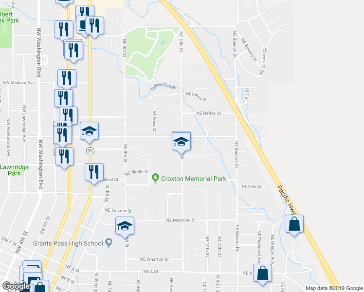 map of restaurants, bars, coffee shops, grocery stores, and more near 1166 Northeast 10th Street in Grants Pass
