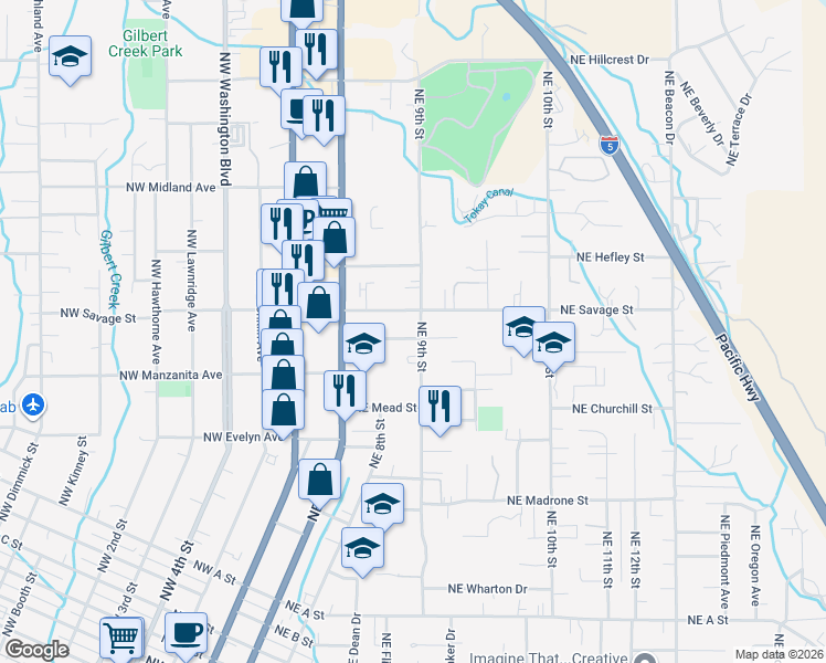map of restaurants, bars, coffee shops, grocery stores, and more near 1202 Northeast 9th Street in Grants Pass