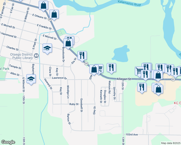 map of restaurants, bars, coffee shops, grocery stores, and more near 700 Eley Street in Otsego