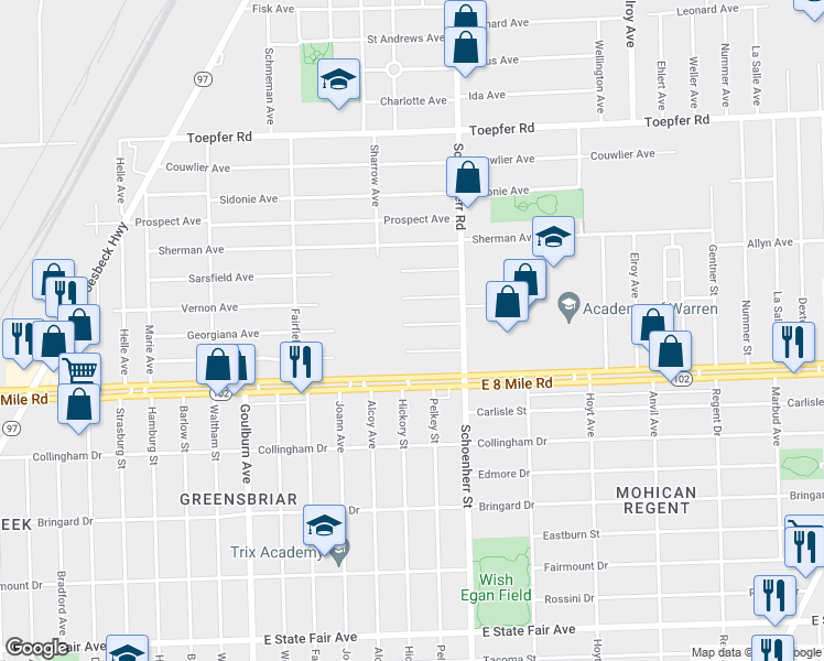 map of restaurants, bars, coffee shops, grocery stores, and more near 13428 Georgiana Avenue in Warren