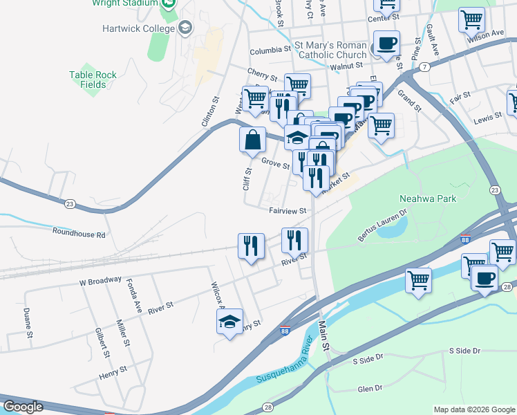 map of restaurants, bars, coffee shops, grocery stores, and more near Fairview Street & Watkins Avenue in Oneonta