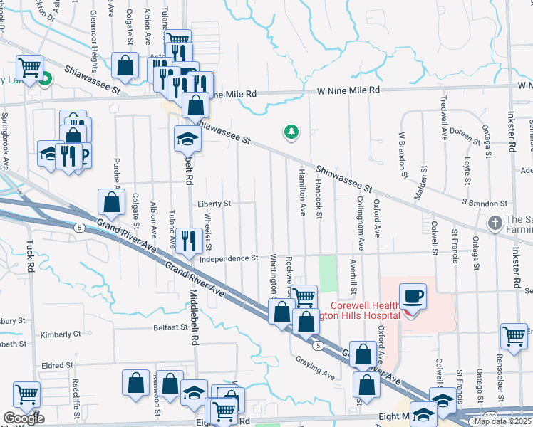 map of restaurants, bars, coffee shops, grocery stores, and more near 21702 Jacksonville Street in Farmington Hills