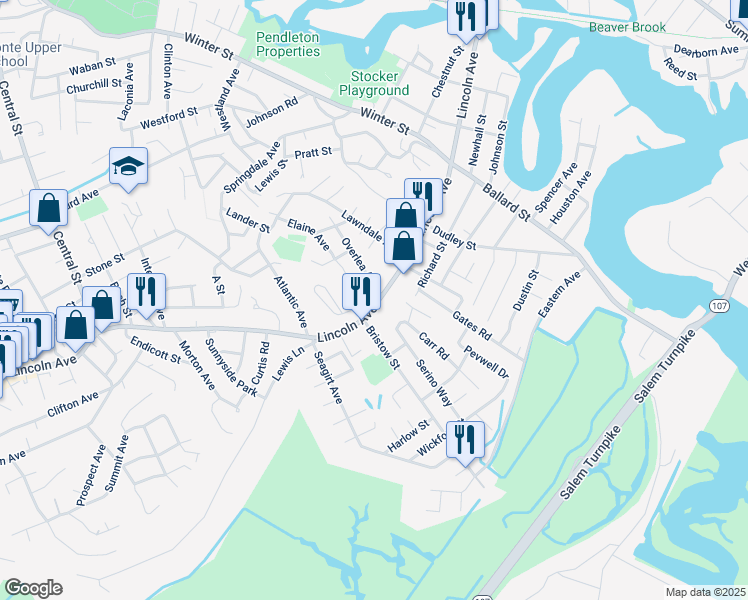 map of restaurants, bars, coffee shops, grocery stores, and more near 7 Overlea Avenue in Saugus