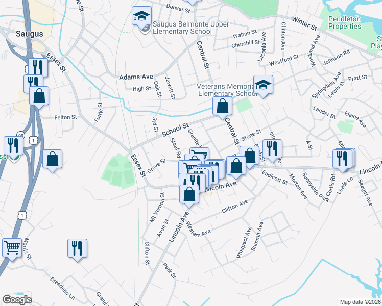 map of restaurants, bars, coffee shops, grocery stores, and more near 16 Granite Road in Saugus
