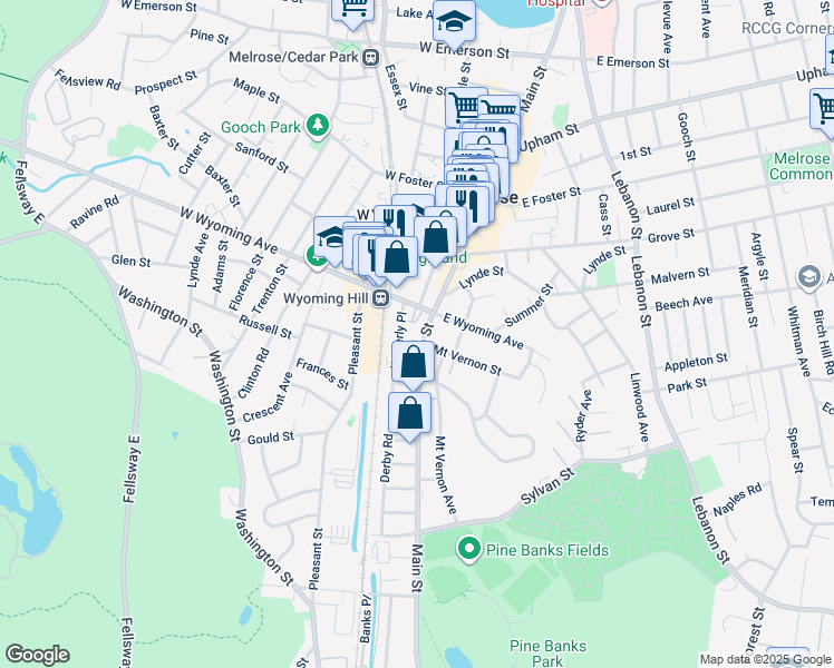 map of restaurants, bars, coffee shops, grocery stores, and more near 20 West Wyoming Avenue in Melrose