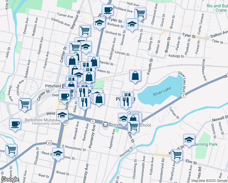 map of restaurants, bars, coffee shops, grocery stores, and more near 19 Lake Street in Pittsfield