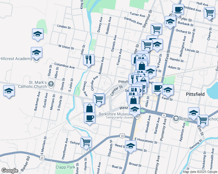 map of restaurants, bars, coffee shops, grocery stores, and more near 16 Jubilee Terrace in Pittsfield