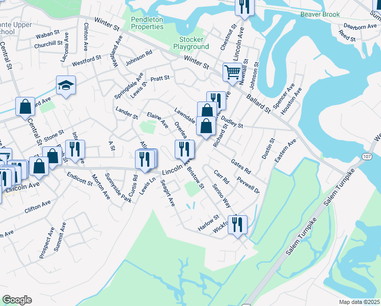 map of restaurants, bars, coffee shops, grocery stores, and more near 7 Overlea Avenue in Saugus