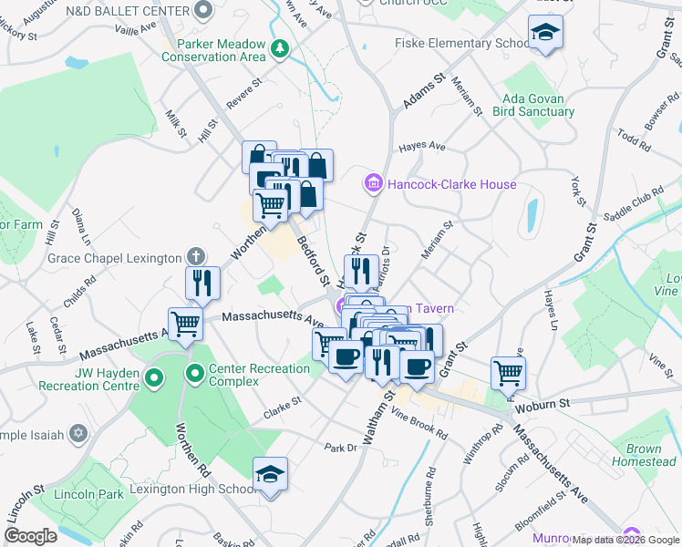 map of restaurants, bars, coffee shops, grocery stores, and more near 12 Hancock Street in Lexington