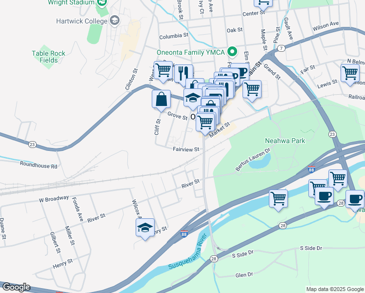 map of restaurants, bars, coffee shops, grocery stores, and more near 4 Academy Street in Oneonta