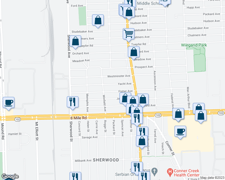 map of restaurants, bars, coffee shops, grocery stores, and more near 7503 Fisher Avenue in Warren