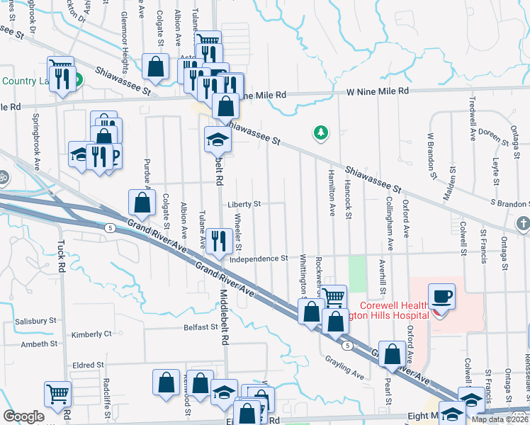 map of restaurants, bars, coffee shops, grocery stores, and more near 21645 Jefferson Street in Farmington Hills