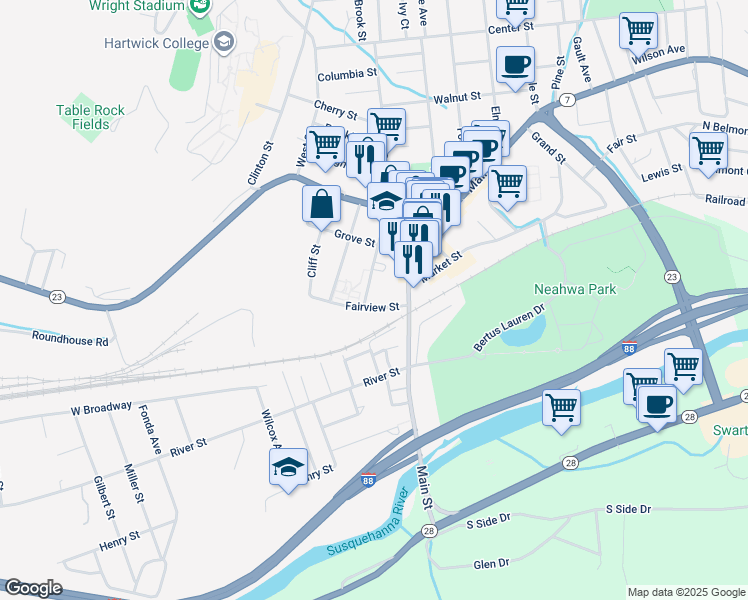 map of restaurants, bars, coffee shops, grocery stores, and more near 4 Academy Street in Oneonta