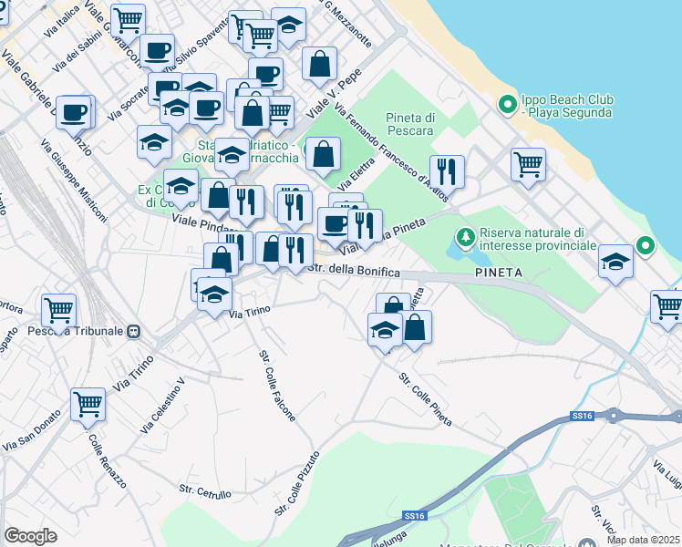 map of restaurants, bars, coffee shops, grocery stores, and more near 31 Viale Pineta in Pescara
